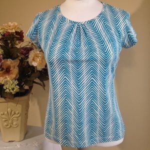 Talbots Petite Pullover Top Stretch Cotton Chevron Short Sleeve Front Pleat PS